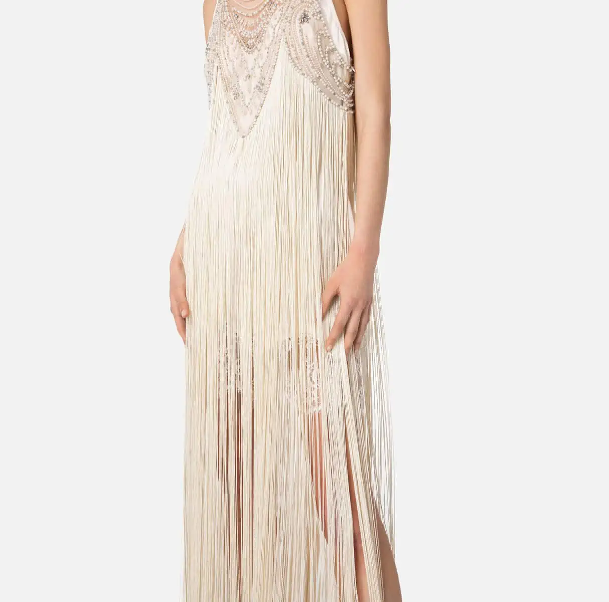 【ELISABETTA FRANCHI】ベージュ リボンディティール ドレス Tulle Red Carpet dress with fringes and beads - ELEGANZA